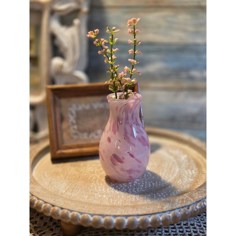 Pink Swirl Hand Blown Art Glass Bud Vase Lavender Purple Speckled Decorative